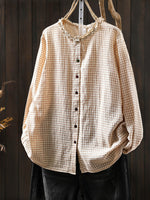 Women Spring Vintage Plaid O-Neck 100%Cotton Shirt