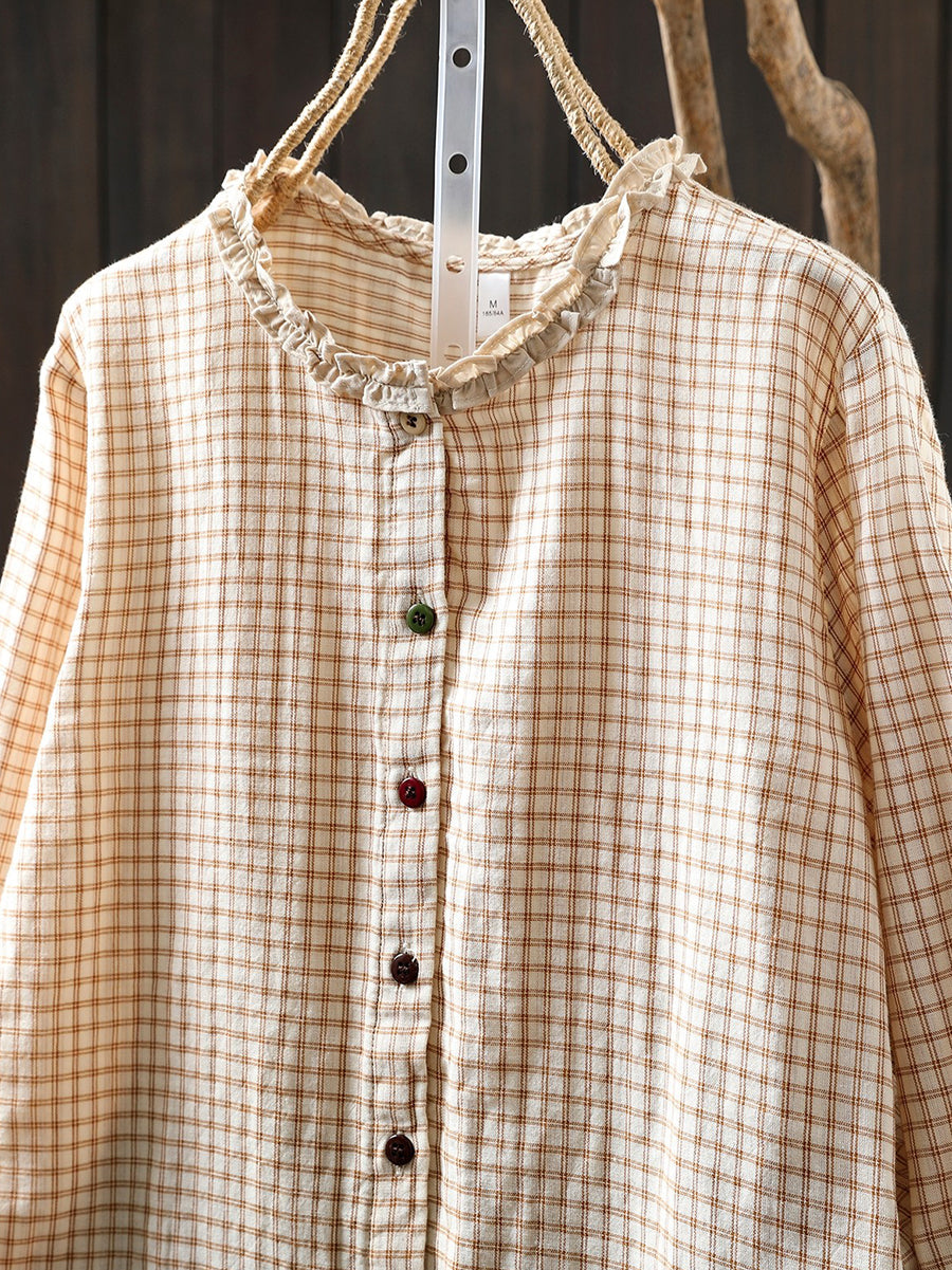 Women Spring Vintage Plaid O-Neck 100%Cotton Shirt