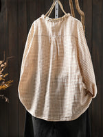 Women Spring Vintage Plaid O-Neck 100%Cotton Shirt