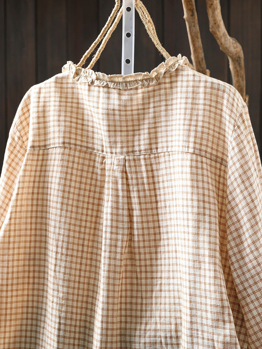 Women Spring Vintage Plaid O-Neck 100%Cotton Shirt