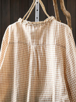 Women Spring Vintage Plaid O-Neck 100%Cotton Shirt