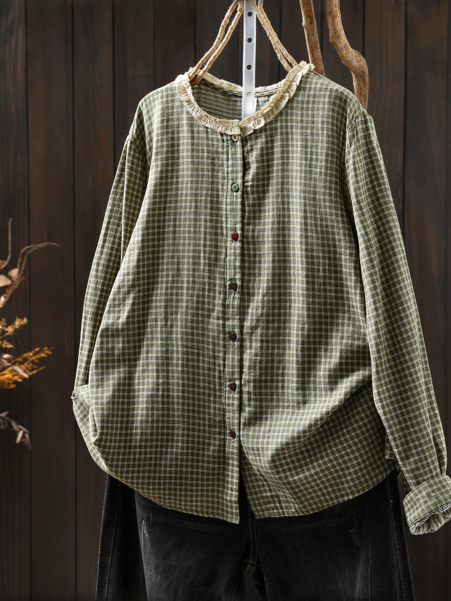 Women Spring Vintage Plaid O-Neck 100%Cotton Shirt