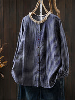 Women Spring Vintage Plaid O-Neck 100%Cotton Shirt