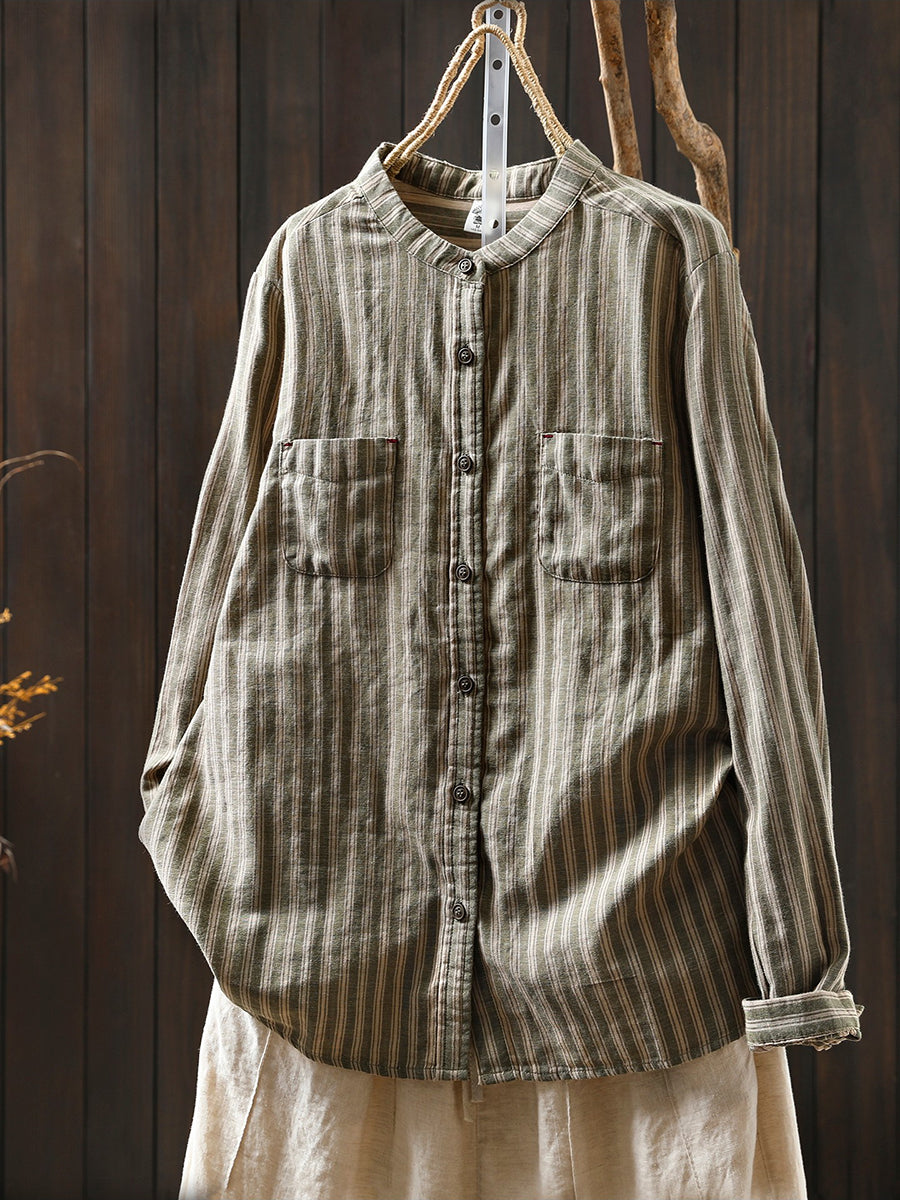 Women Spring Vintage Stripe Stand Collar 100%Cotton Shirt