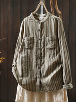 Women Spring Vintage Stripe Stand Collar 100%Cotton Shirt