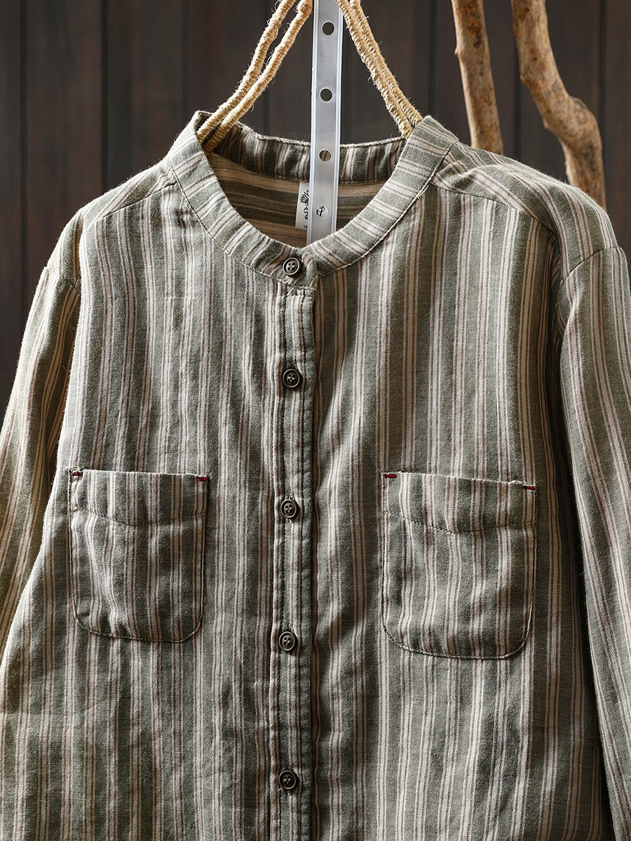 Women Spring Vintage Stripe Stand Collar 100%Cotton Shirt