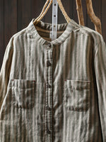 Women Spring Vintage Stripe Stand Collar 100%Cotton Shirt