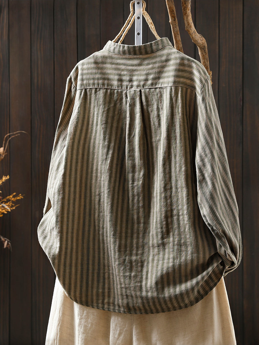 Women Spring Vintage Stripe Stand Collar 100%Cotton Shirt