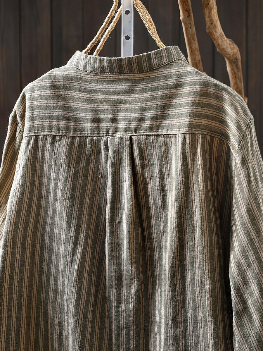 Women Spring Vintage Stripe Stand Collar 100%Cotton Shirt