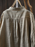 Women Spring Vintage Stripe Stand Collar 100%Cotton Shirt