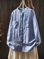 Women Spring Vintage Stripe Stand Collar 100%Cotton Shirt
