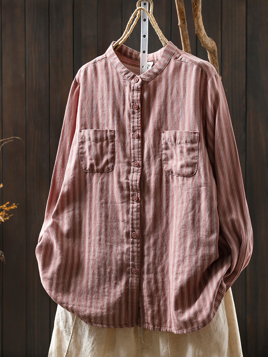 Women Spring Vintage Stripe Stand Collar 100%Cotton Shirt