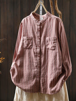 Women Spring Vintage Stripe Stand Collar 100%Cotton Shirt