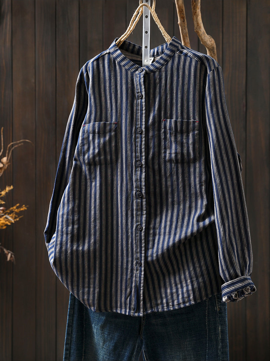 Women Spring Vintage Stripe Stand Collar 100%Cotton Shirt