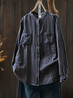Women Spring Vintage Stripe Stand Collar 100%Cotton Shirt
