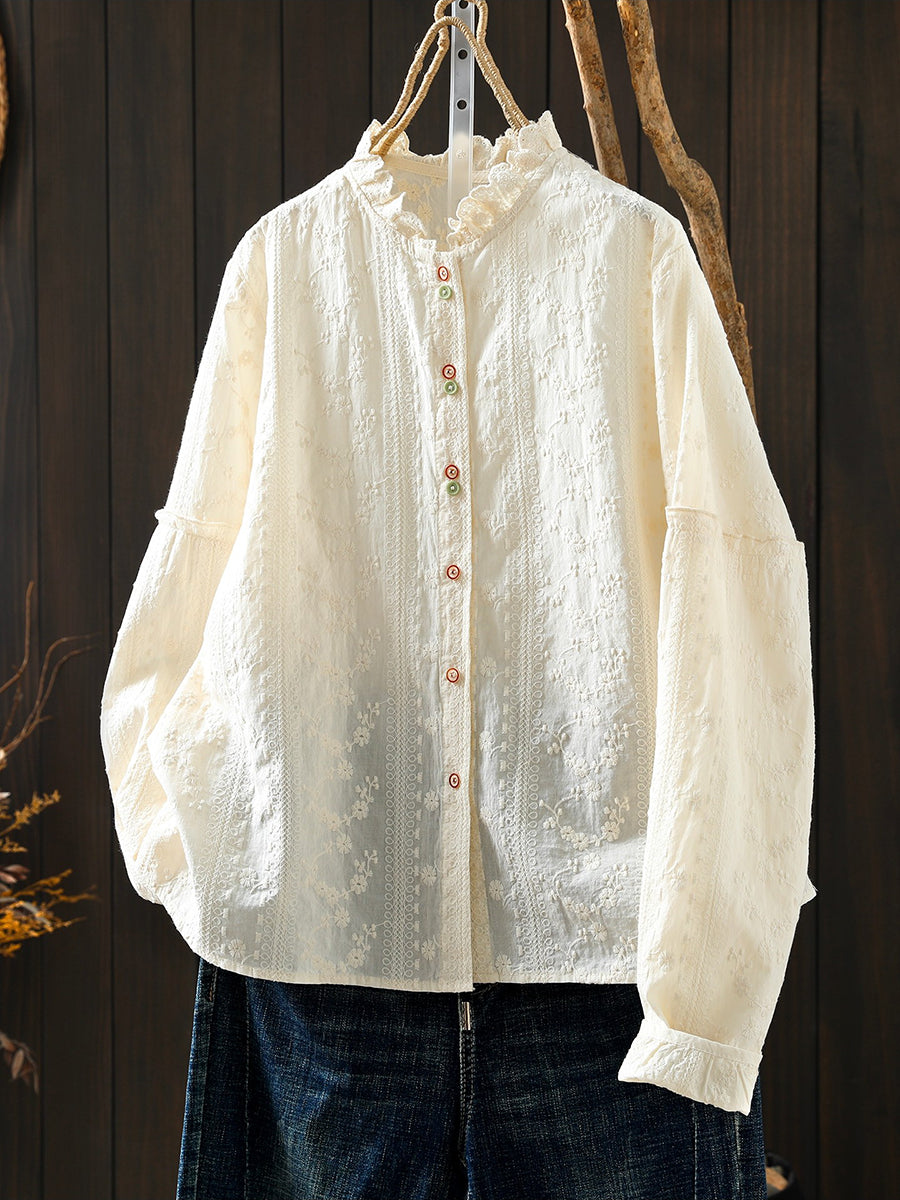 Women Artsy Spring Embroidery Lace Collar 100%Cotton Shirt