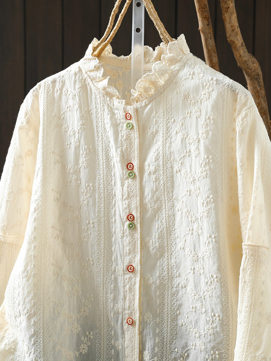Women Artsy Spring Embroidery Lace Collar 100%Cotton Shirt