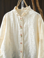 Women Artsy Spring Embroidery Lace Collar 100%Cotton Shirt