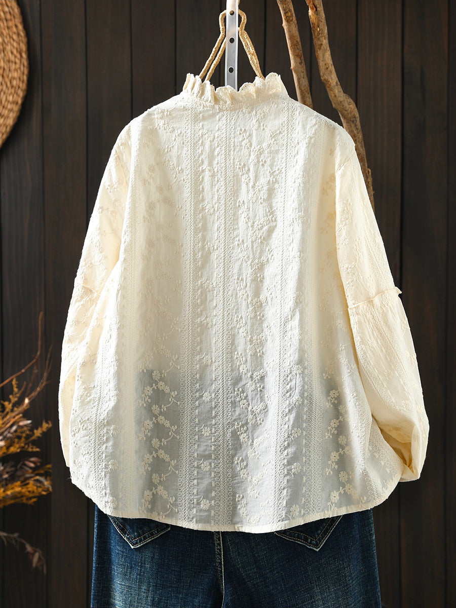 Women Artsy Spring Embroidery Lace Collar 100%Cotton Shirt