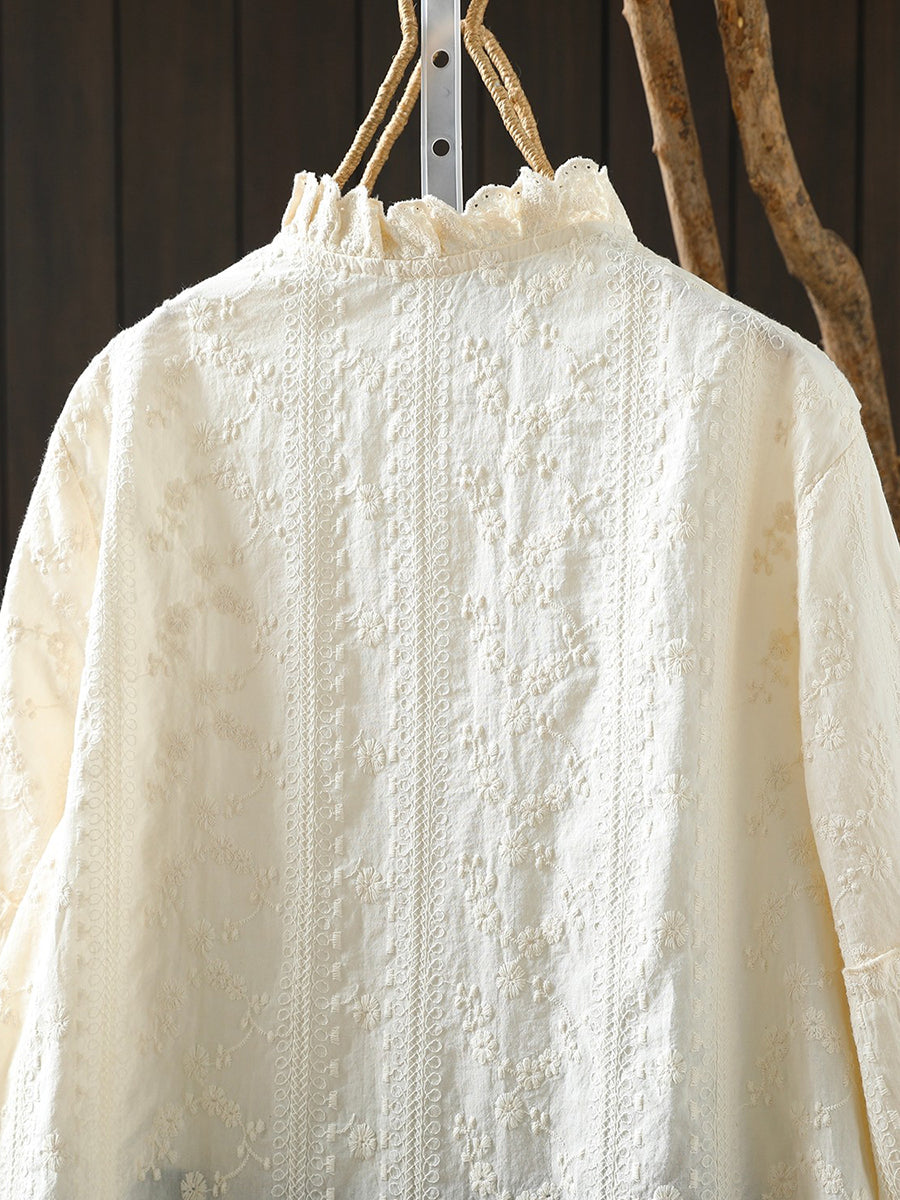 Women Artsy Spring Embroidery Lace Collar 100%Cotton Shirt
