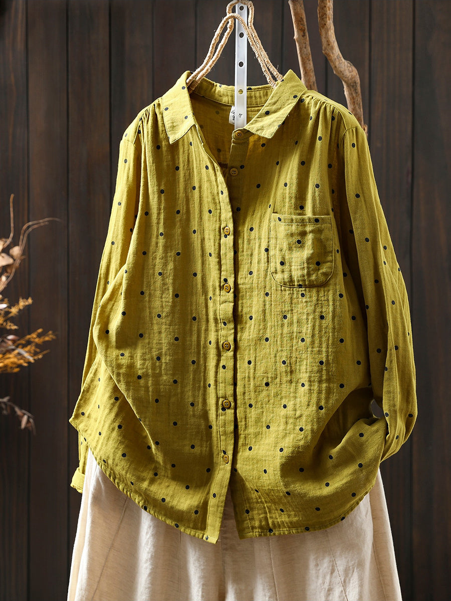 Women Artsy Spring Dot Turn-down Collar 100%Cotton Shirt