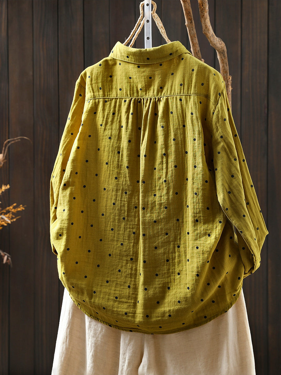 Women Artsy Spring Dot Turn-down Collar 100%Cotton Shirt