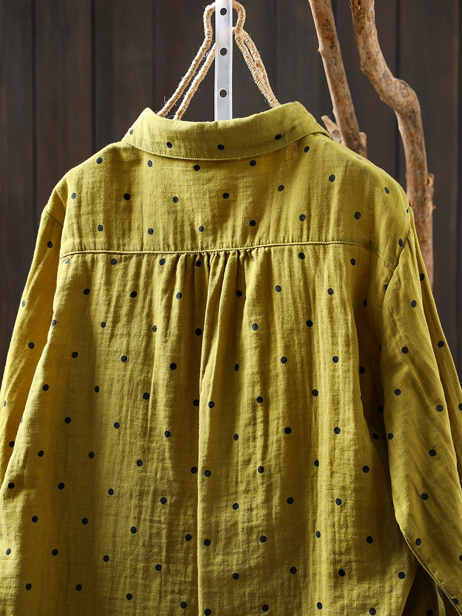 Women Artsy Spring Dot Turn-down Collar 100%Cotton Shirt