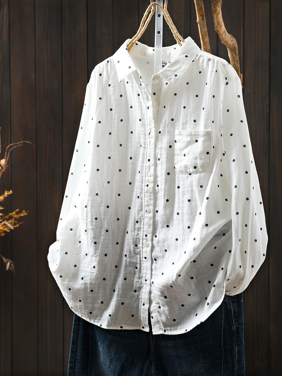 Women Artsy Spring Dot Turn-down Collar 100%Cotton Shirt