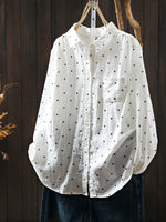 Women Artsy Spring Dot Turn-down Collar 100%Cotton Shirt
