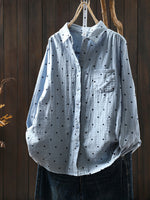 Women Artsy Spring Dot Turn-down Collar 100%Cotton Shirt
