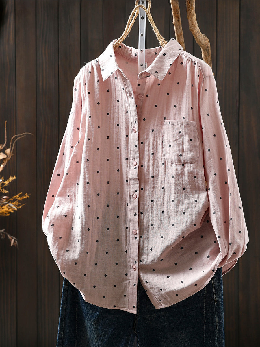 Women Artsy Spring Dot Turn-down Collar 100%Cotton Shirt