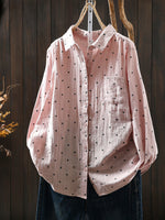 Women Artsy Spring Dot Turn-down Collar 100%Cotton Shirt