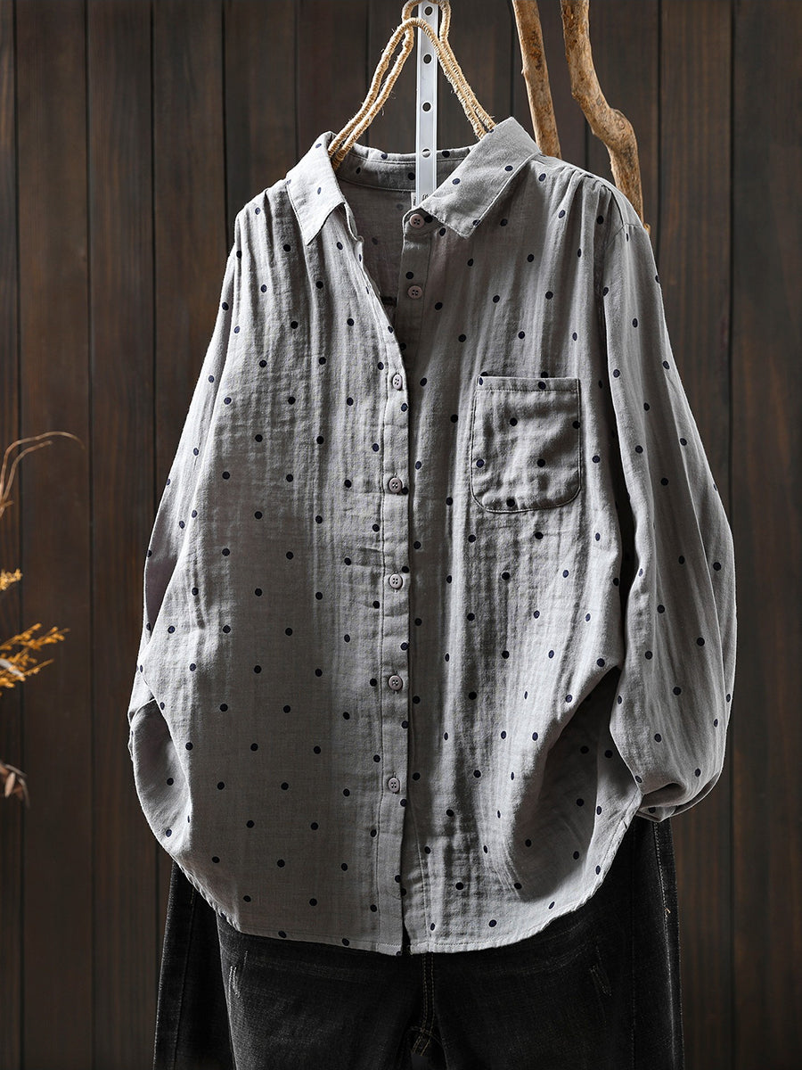 Women Artsy Spring Dot Turn-down Collar 100%Cotton Shirt