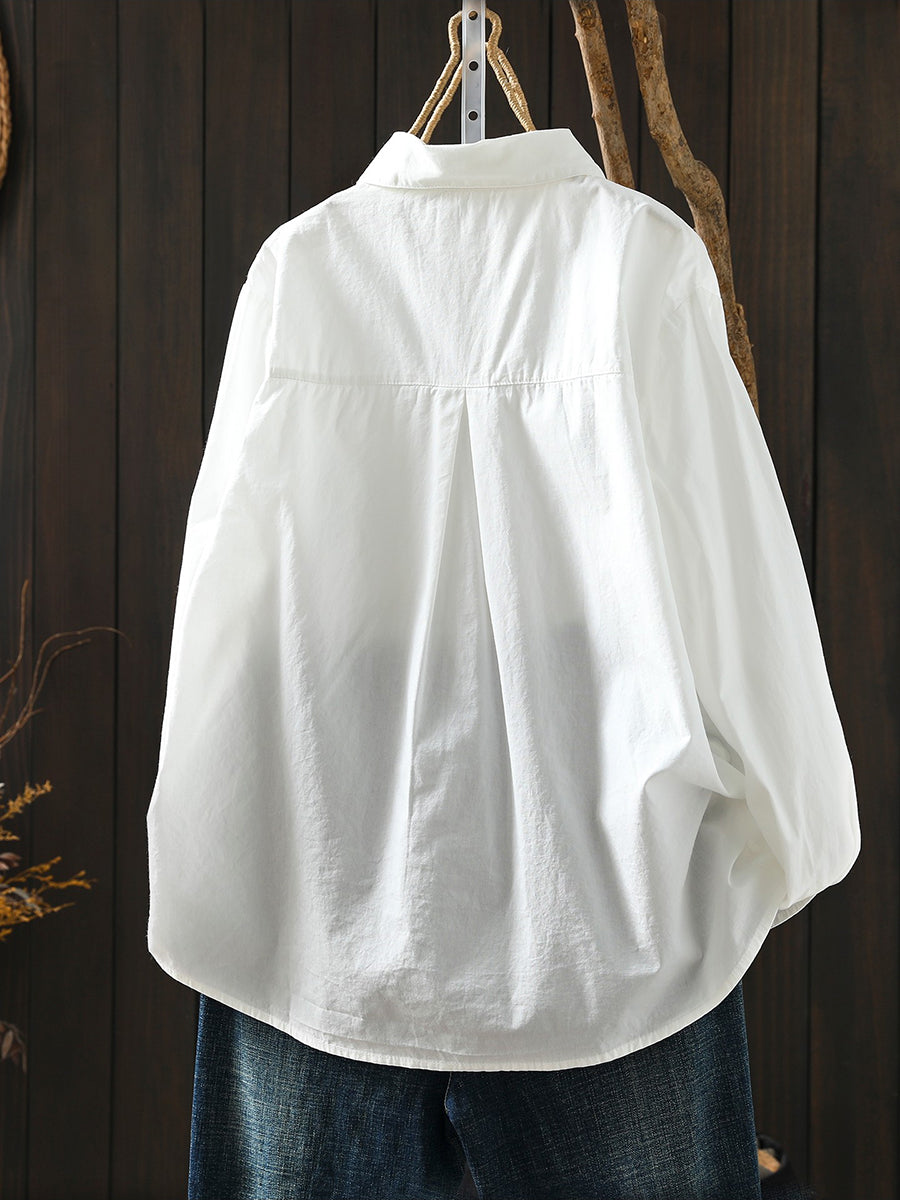 Women Spring Pure Color Turn-down Collar 100%Cotton Shirt