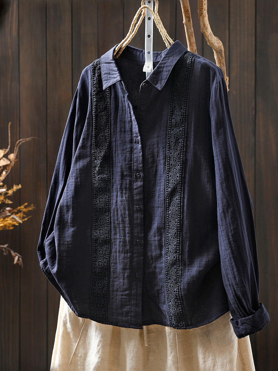 Women Spring Artsy Lace Spliced 100%Cotton Shirt