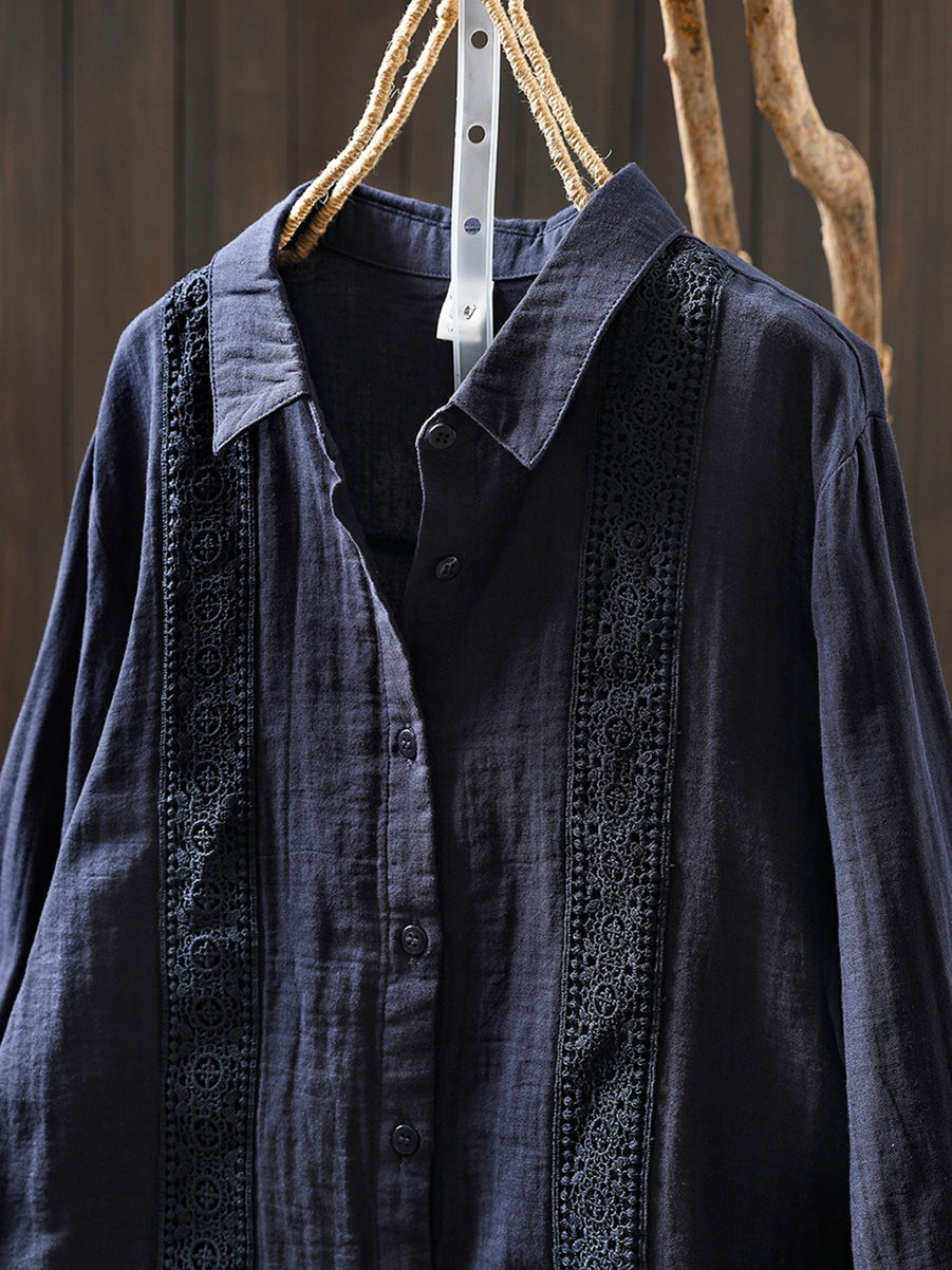 Women Spring Artsy Lace Spliced 100%Cotton Shirt