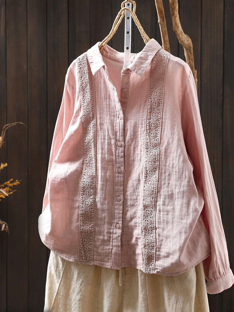 Women Spring Artsy Lace Spliced 100%Cotton Shirt