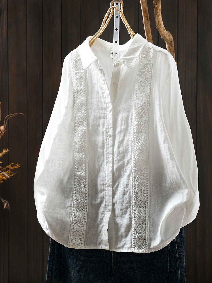 Women Spring Artsy Lace Spliced 100%Cotton Shirt