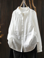 Women Spring Pure Color Turn-down Collar 100%Cotton Shirt