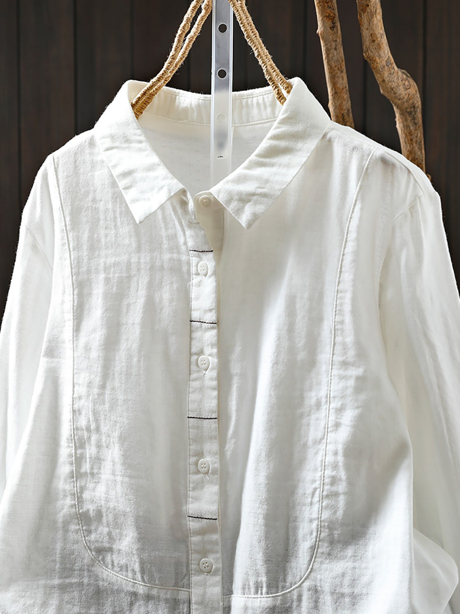 Women Spring Pure Color Turn-down Collar 100%Cotton Shirt