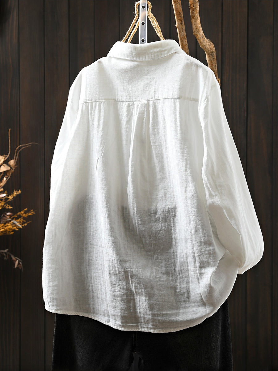 Women Spring Pure Color Turn-down Collar 100%Cotton Shirt