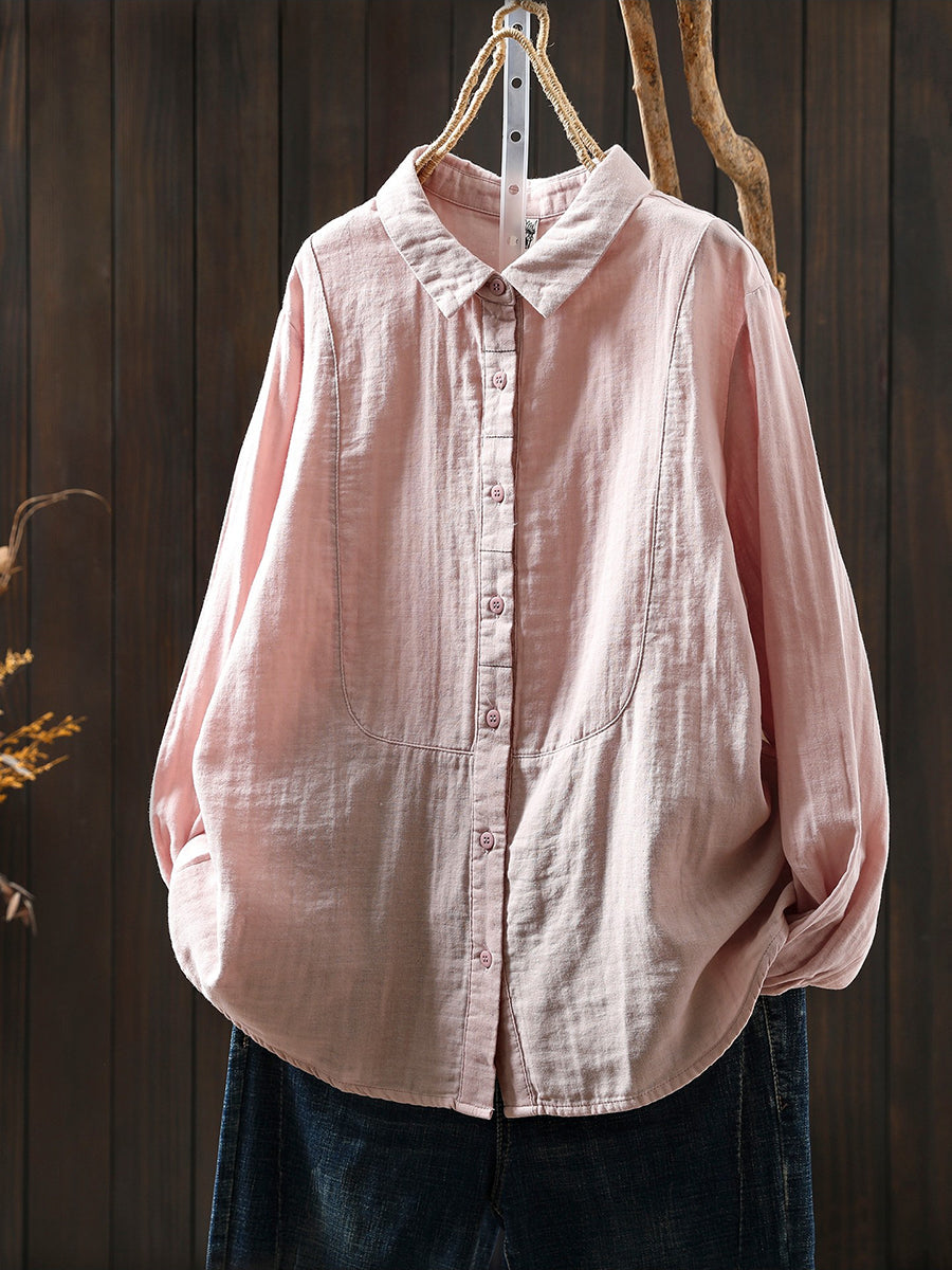Women Spring Pure Color Turn-down Collar 100%Cotton Shirt