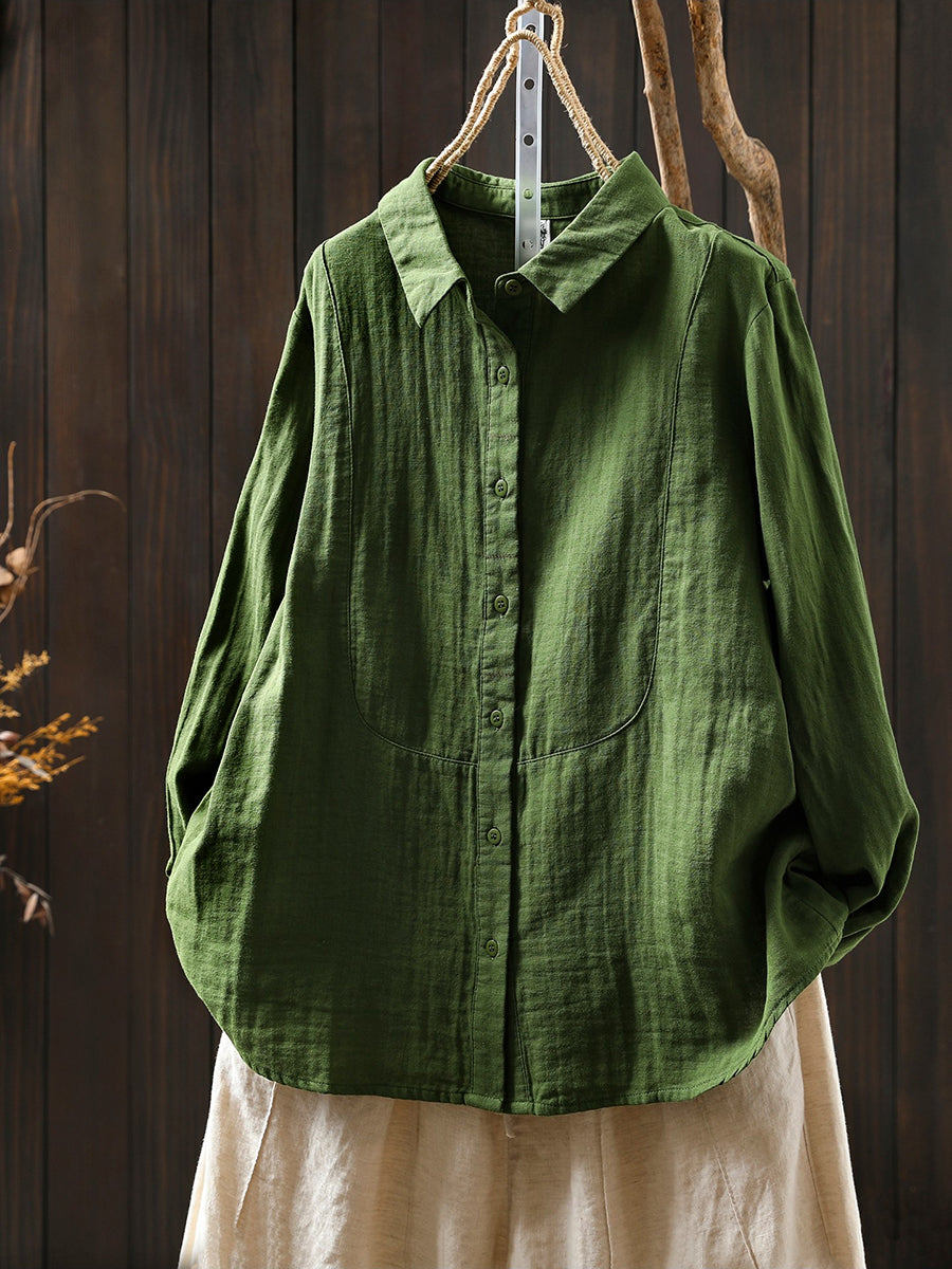Women Spring Pure Color Turn-down Collar 100%Cotton Shirt