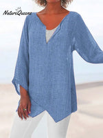 Jfn Cotton & Linen Asymmetric Hem Loose Fit Long Sleeve Shirts Tunic Top