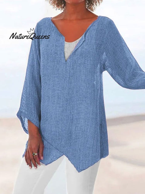 Jfn Cotton & Linen Asymmetric Hem Loose Fit Long Sleeve Shirts Tunic Top