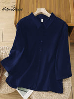 Women'sSolid Color Lapel 3/4 Sleeves Casual Linen Shirt