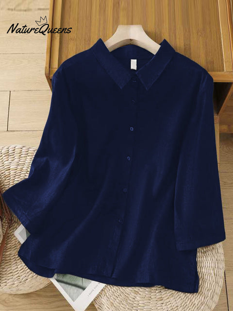 Women's  Solid Color Lapel 3/4 Sleeves Casual Linen Shirt