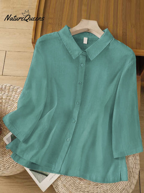 Women's  Solid Color Lapel 3/4 Sleeves Casual Linen Shirt