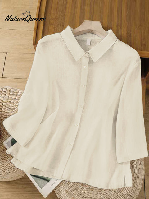 Women's  Solid Color Lapel 3/4 Sleeves Casual Linen Shirt