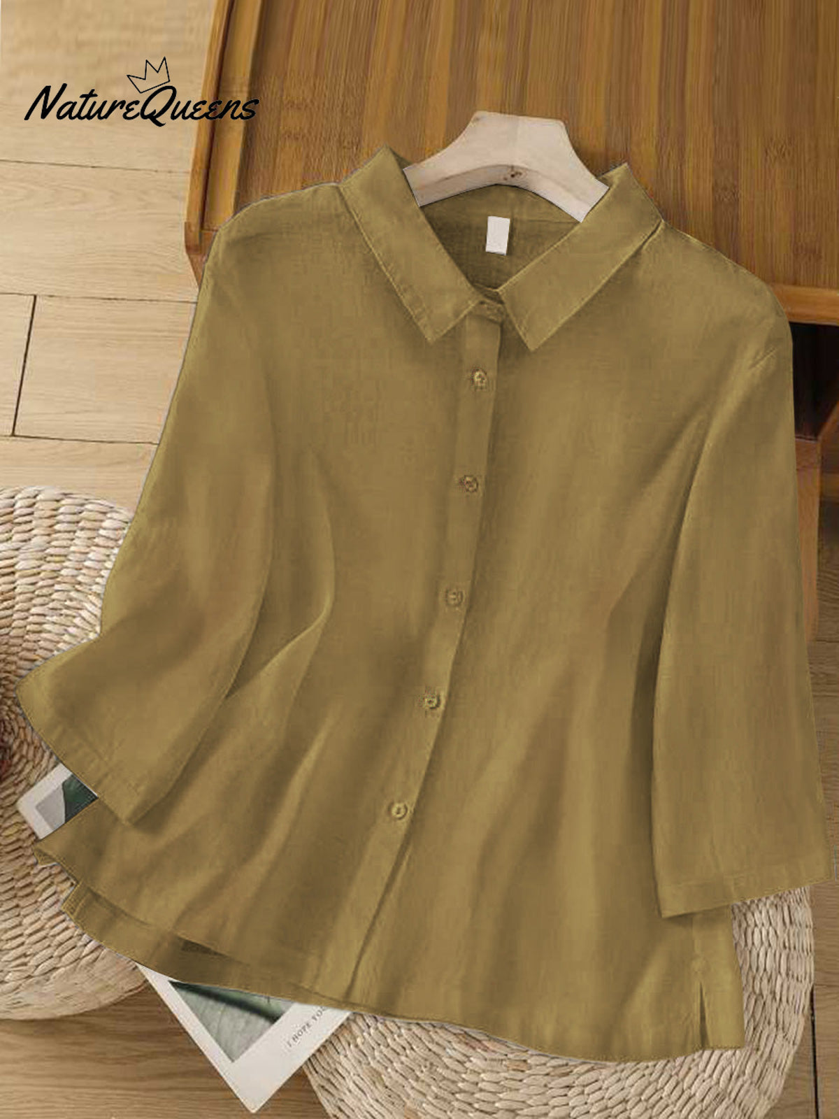 Women'sSolid Color Lapel 3/4 Sleeves Casual Linen Shirt